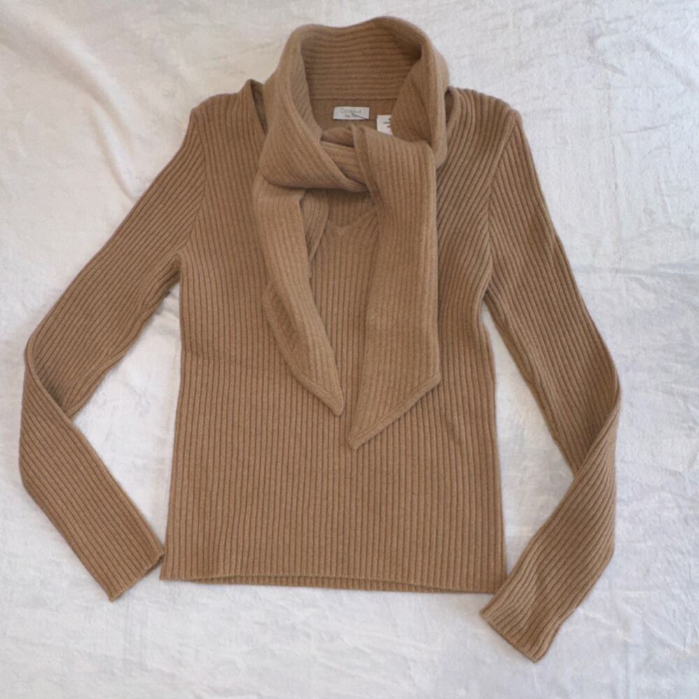 Deveaux New York Wool‎ Cashmere Ribbed Pullover Sweater Cowl Neck Camel L